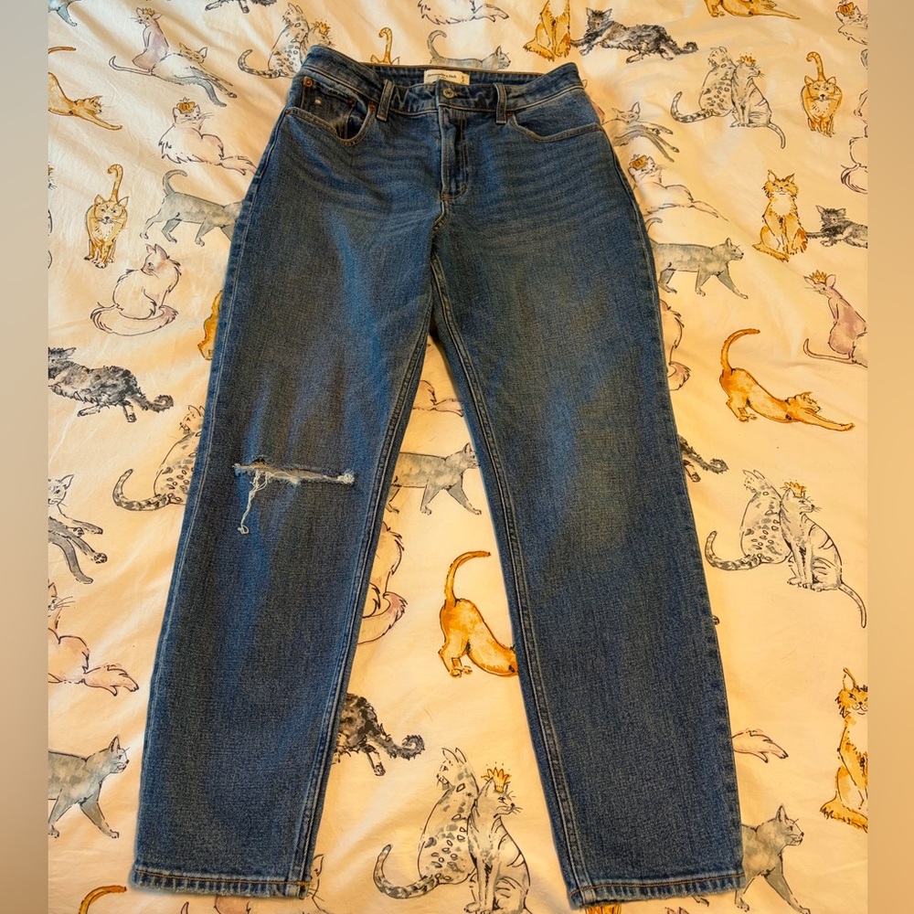 Abercrombie & Fitch The Mom High Rise Straight-Leg Jeans with Knee Distress